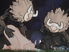 Handcuffed Yelan from Genshin Impact Gets Fucked By a Hilichurl While a Second One Watches