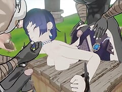 Yelan from Genshin Impact Gets Used to Tease the Big Cocks of Two Hilichurls