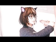 Tsukushi With Cat Ears Jerks Off a Big White Cock With Two Hands