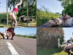 Fucking 2 huge toys outdoors close to a public road flashing for strangers while blindfolded