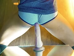 Riding against Mirror Wall in Tanktop, Stockings and Tan Line