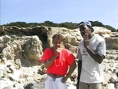 A sexy German chick with a slim looking body gets DP on a beach