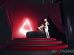 3d shemale plays with a hot horny blonde on the fashion model podium