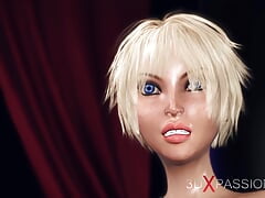 3d shemale plays with a hot horny blonde on the fashion model podium