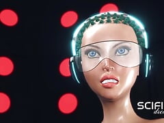 Sci-Fi lights. 3d hot female android shemale plays with a horny black girl in the space station