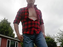 chav slut fucks his own arse through Levis outdoors